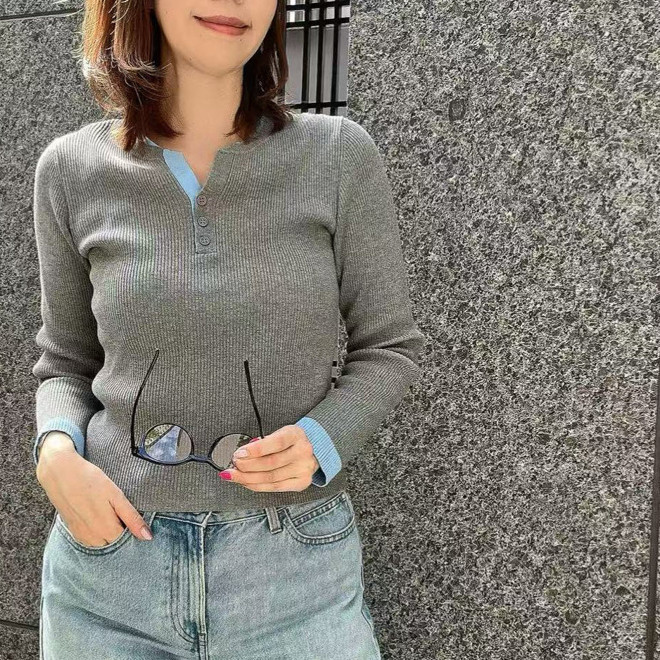 ヘンリーネック配色リブプルオーバー