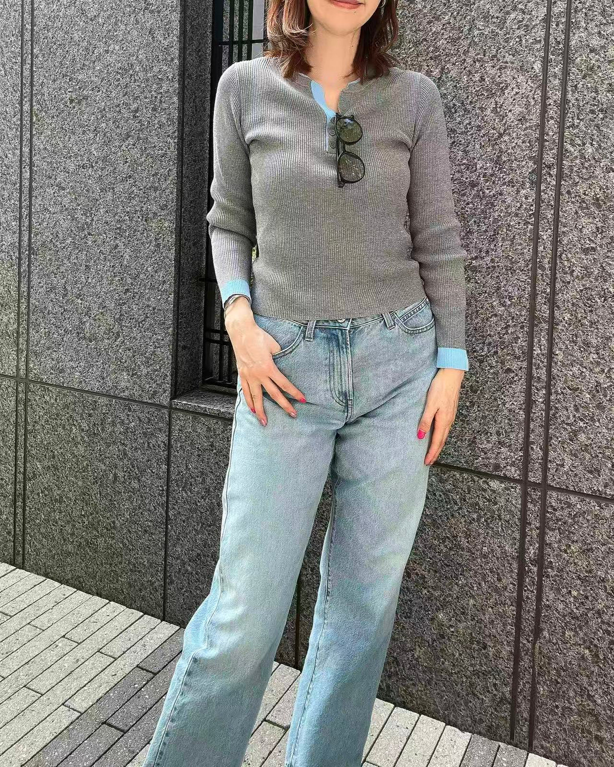 ヘンリーネック配色リブプルオーバー