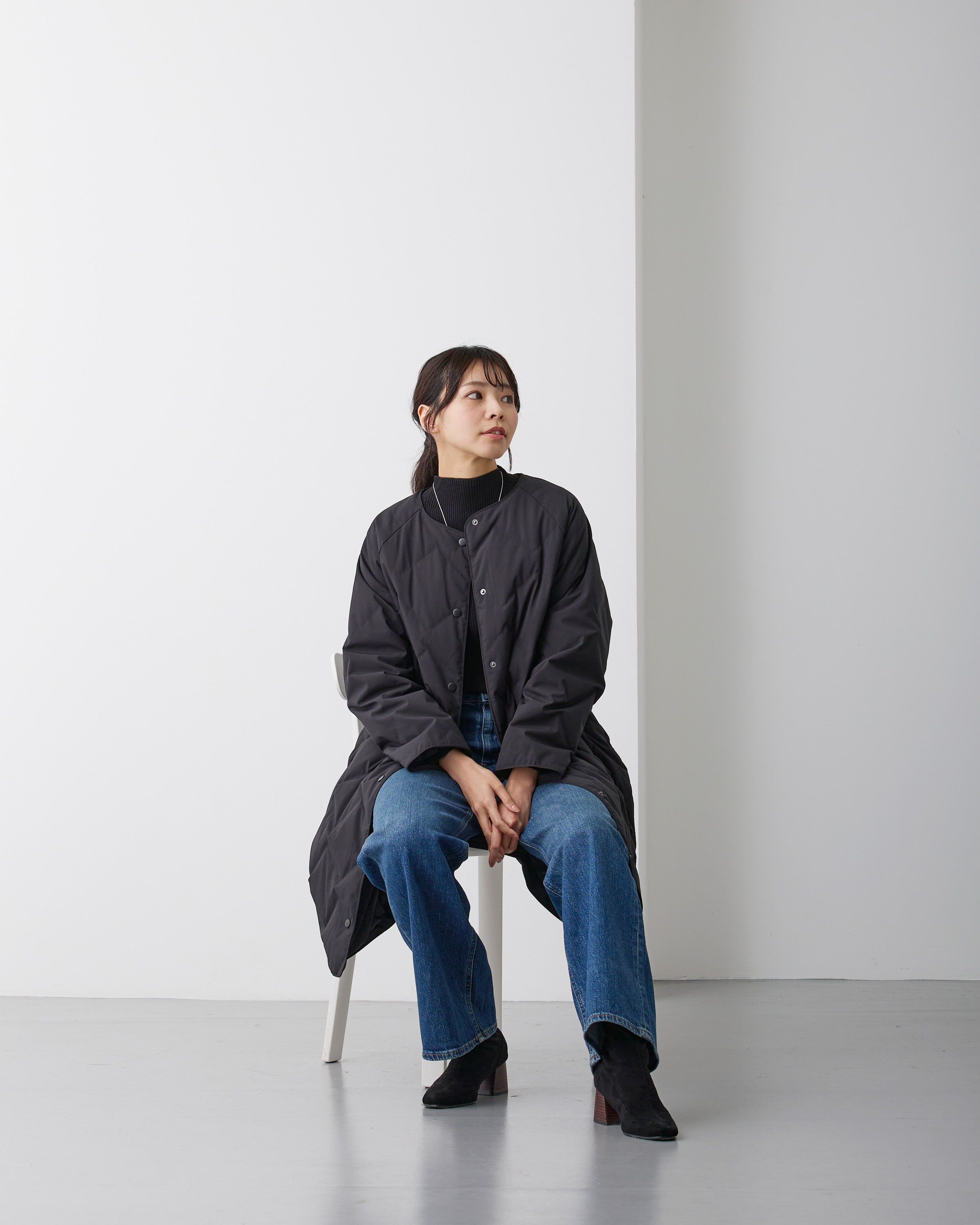 格子柄seemlessノーカラーダウンコート ブラック