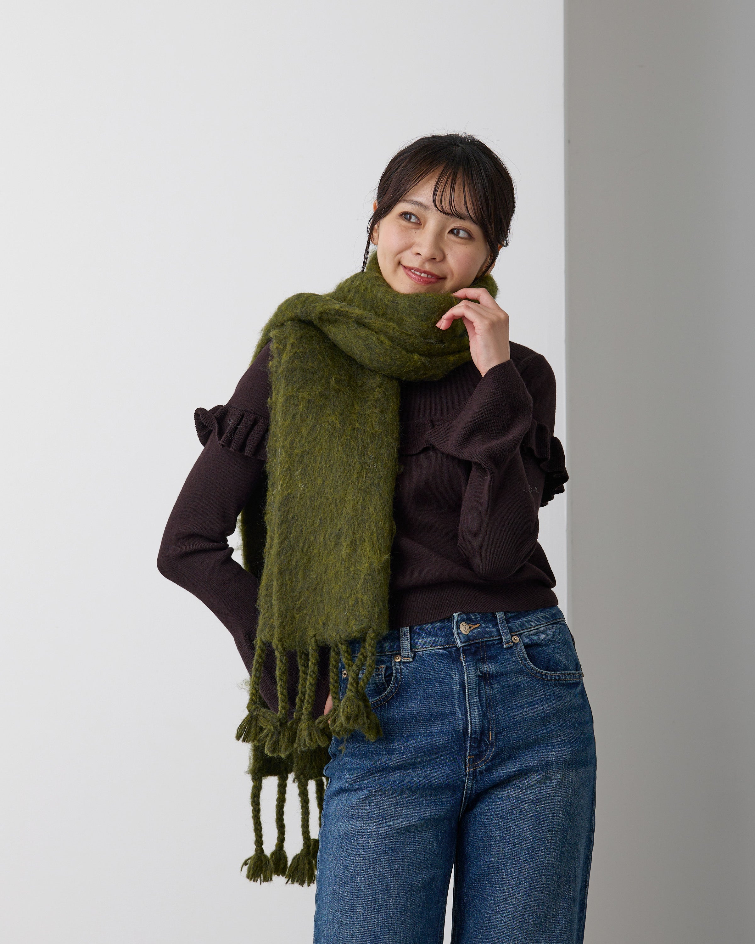 モヘア風フリンジマフラー グリーン