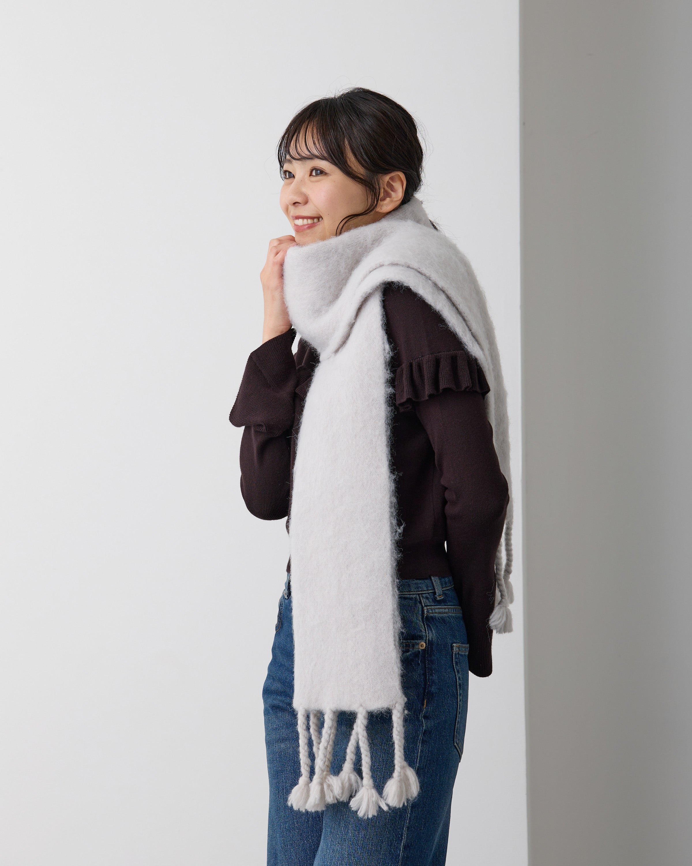 モヘア風フリンジマフラー ライトグレー