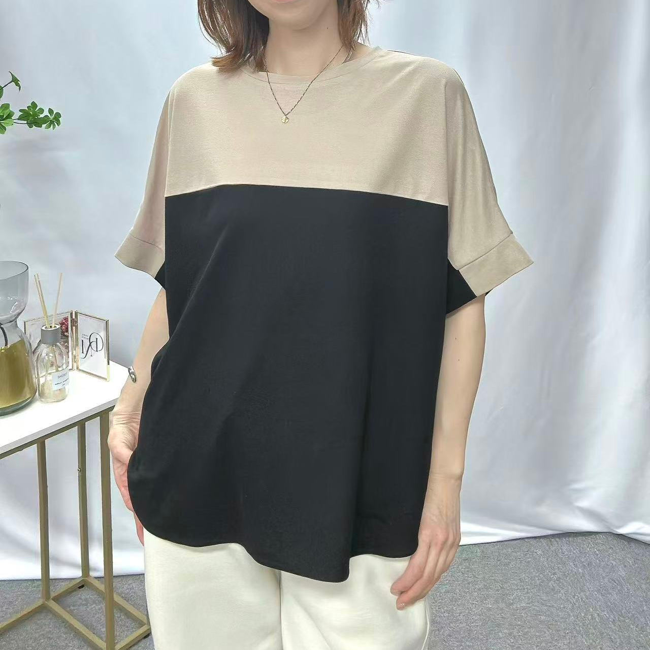 接触冷感配色ドルマンプルオーバー
